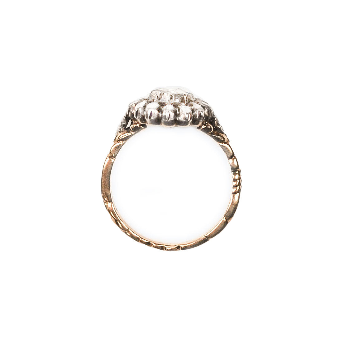 Profile of Georgian Dutch rose cut diamond cluster ring with central domed rose cut diamond, c.1820s.