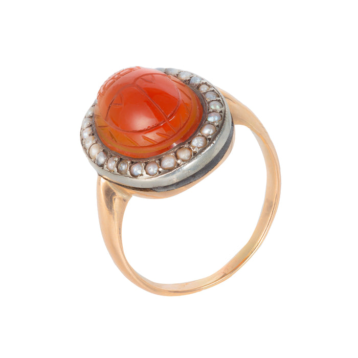 Antique Edwardian 9ct gold scarab ring, carved carnelian and seed pearl setting, side profile view