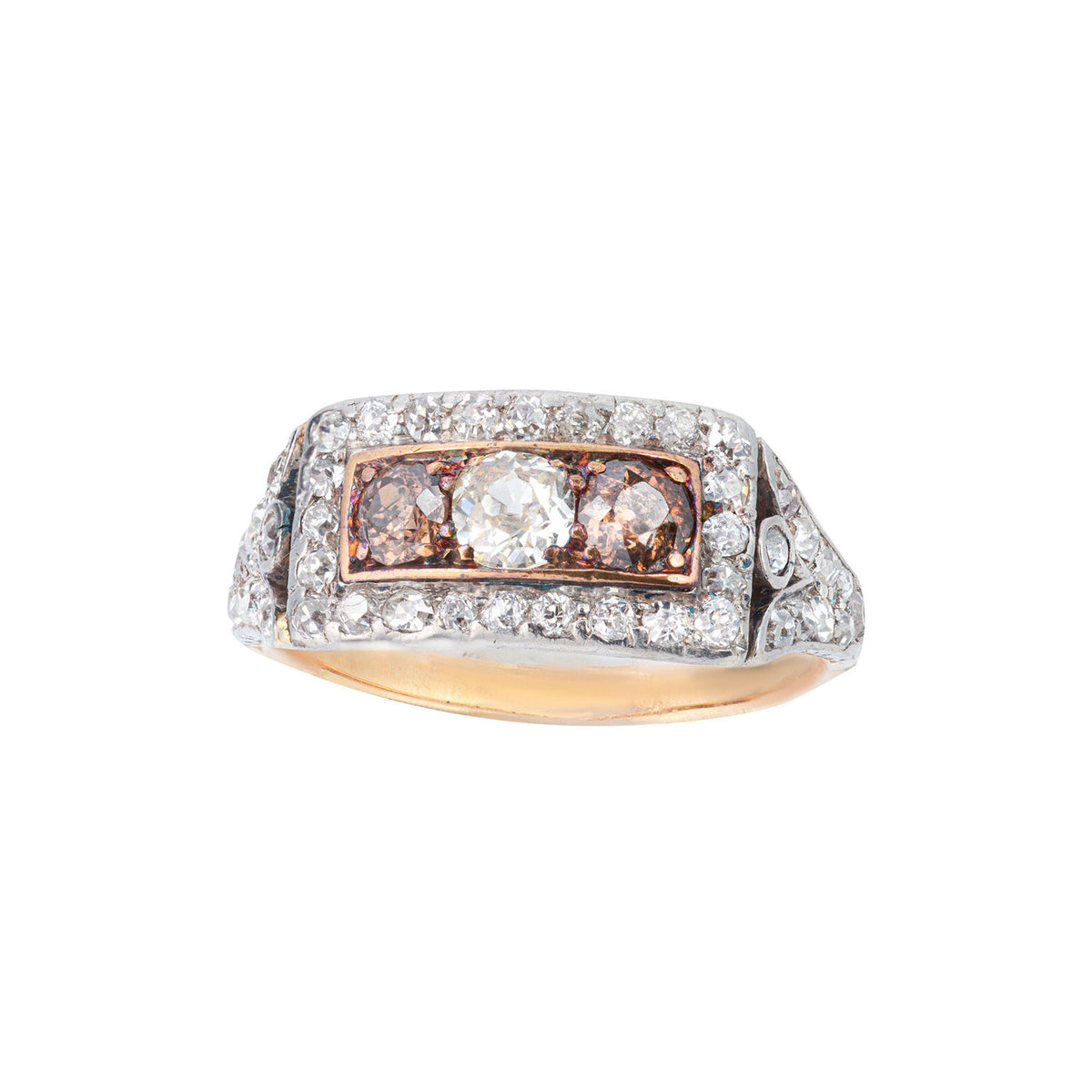 Front view of an Edwardian diamond ring, c.1910, in 18ct gold with a platinum topped setting, featuring cognac and white old cut diamonds totalling 1.9 carats.