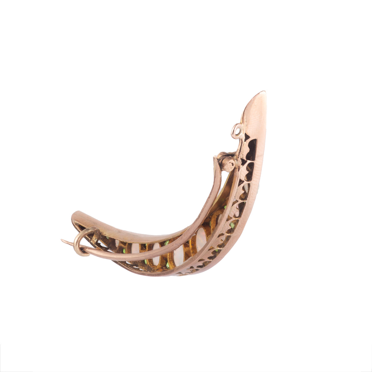 Edwardian crescent brooch in 15ct gold set with opals and demantoid garnets, c.1900, reverse view showing pin fitting