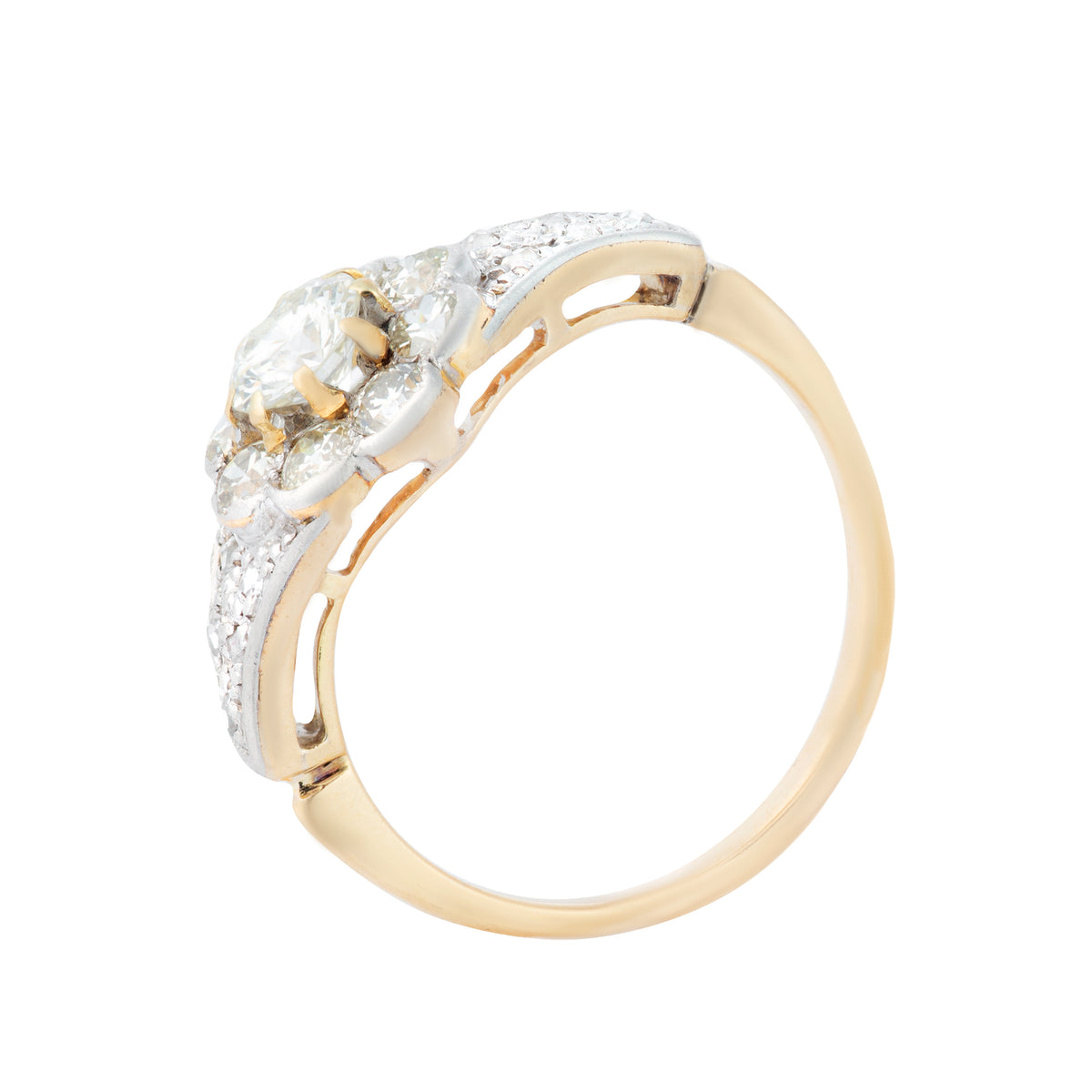 Antique Edwardian 1910 daisy ring in platinum and 18ct gold, old cut diamonds approx 1.10ct total, side profile.