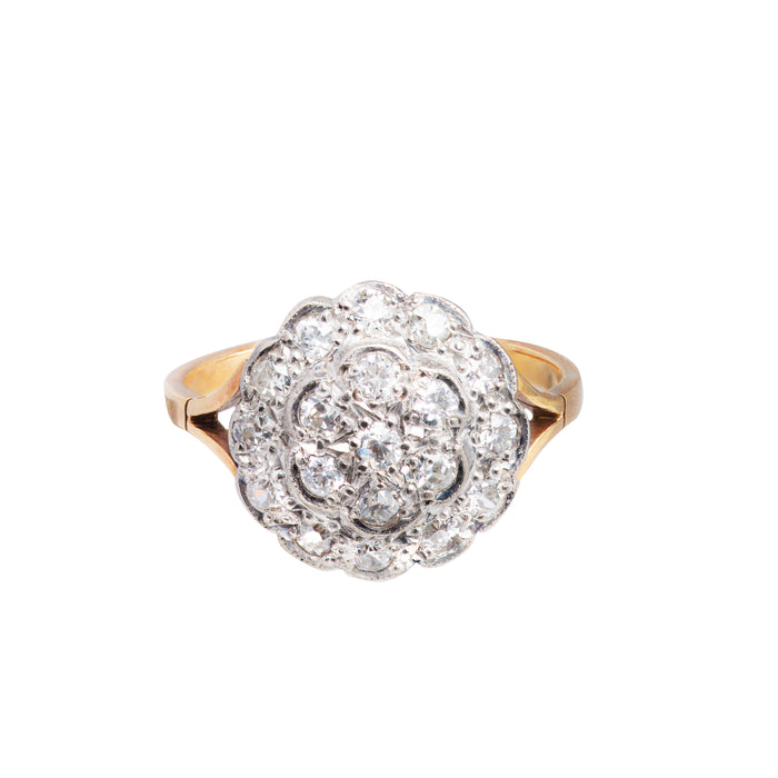 Edwardian diamond cluster ring in 18ct gold and platinum, front view with old cut diamonds c.1910