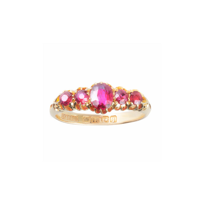 Front view of Edwardian five stone ruby ring c.1910, 18ct gold setting with graduated natural rubies and Birmingham hallmarks.