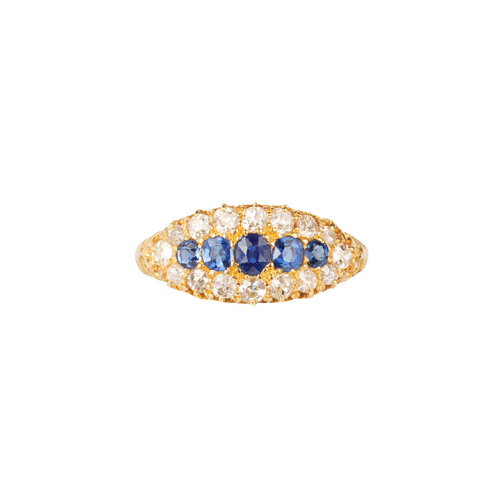 Antique Edwardian sapphire and diamond half hoop ring in 18ct yellow gold, Chester 1903, set with natural Ceylon sapphires and old cut diamonds