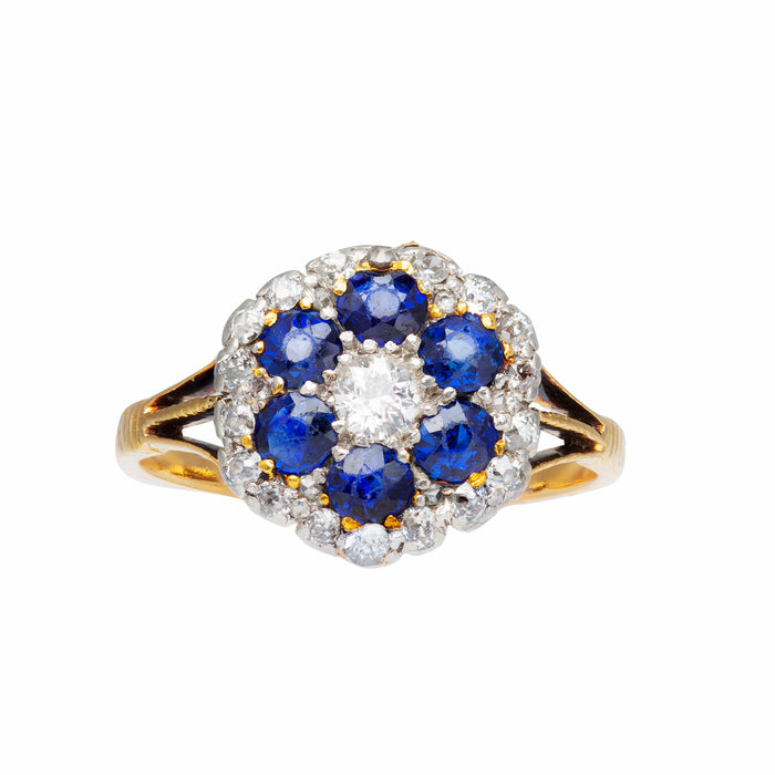Antique 1930s Burmese sapphire and diamond cluster ring in 18ct gold and platinum, front view