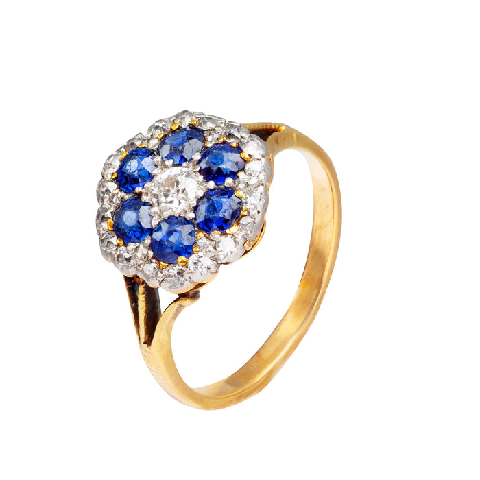 Side profile of 1930s Burmese sapphire and diamond cluster ring with natural unheated sapphires and diamonds