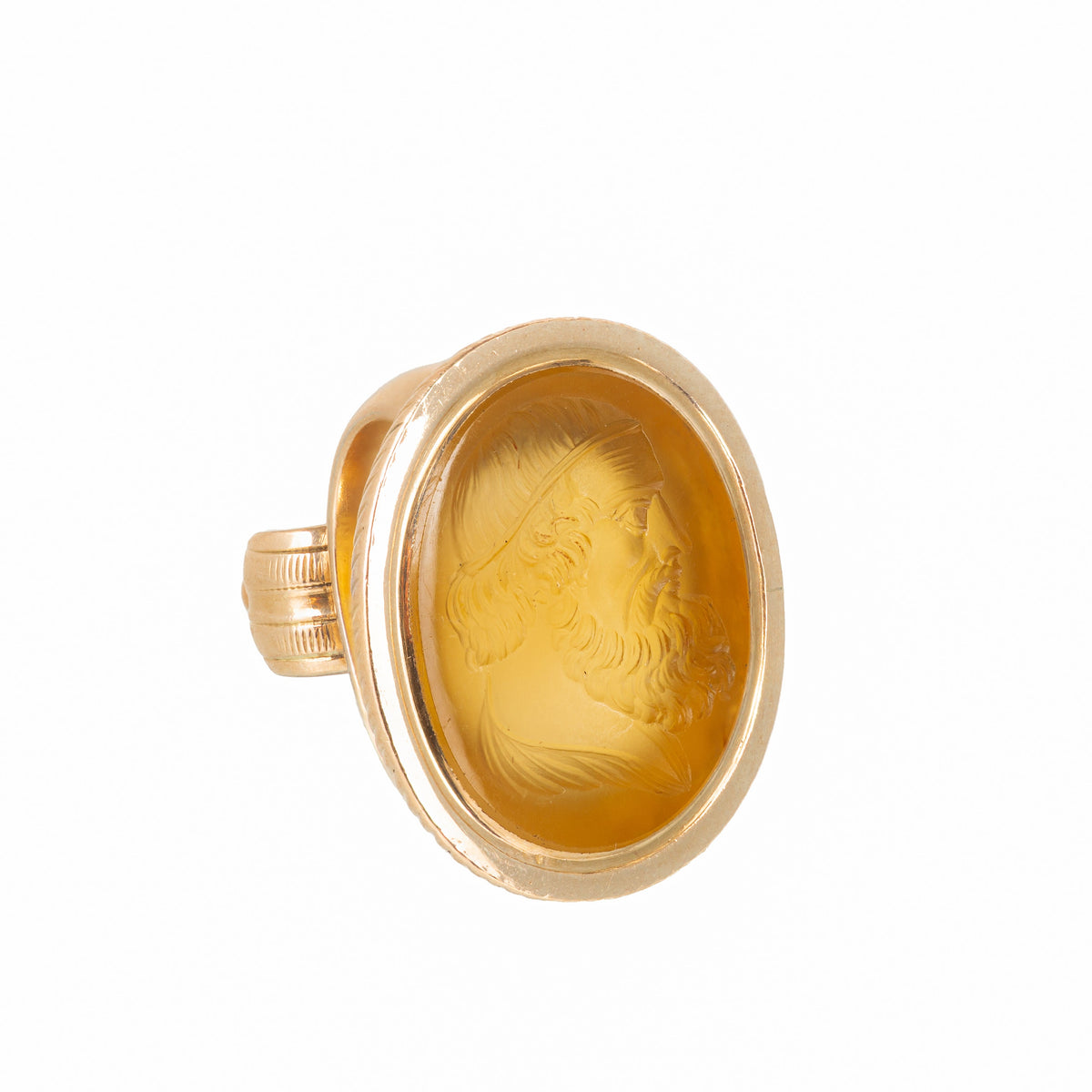 Front view of an antique 9ct gold citrine seal engraved with the philosopher Socrates, English c.1830s