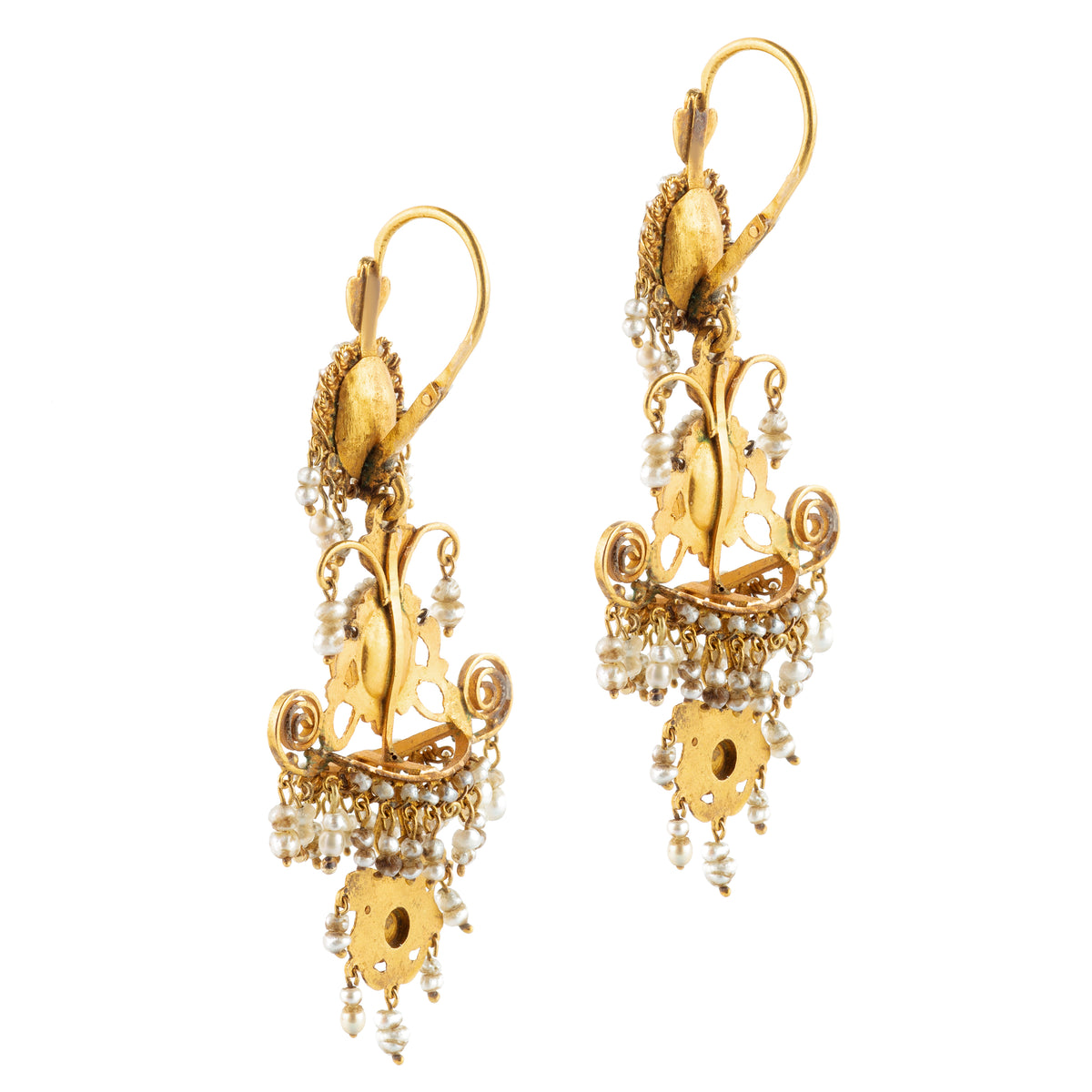 Reverse of antique Italian 15ct gold chandelier earrings with seed pearls and citrines, early 19th century design.