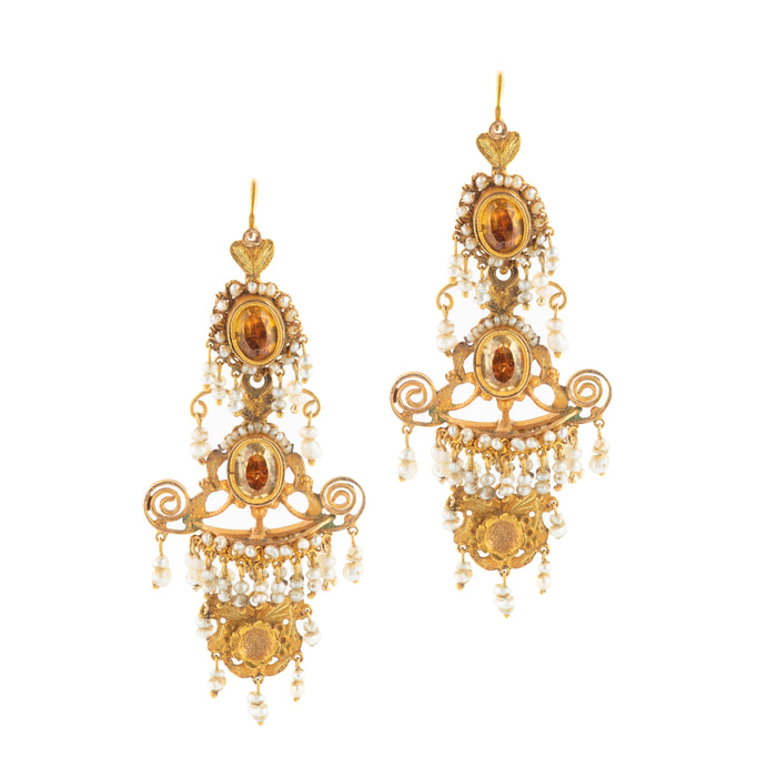 Antique Italian chandelier earrings in 15ct gold with citrines, seed pearls, and ornate cannetille work, c.1820s, front view.