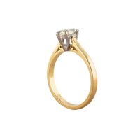 Profile view of 1990s English marquise diamond solitaire ring, 18ct yellow gold band with platinum tipped claw setting and open gallery