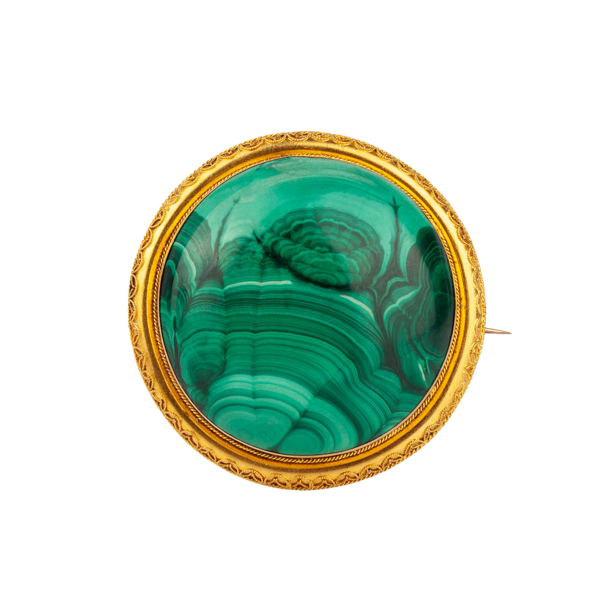 Victorian 1880s Etruscan Revival brooch in 18ct gold with large green malachite cabochon and rope beadwork detail, convertible to pendant
