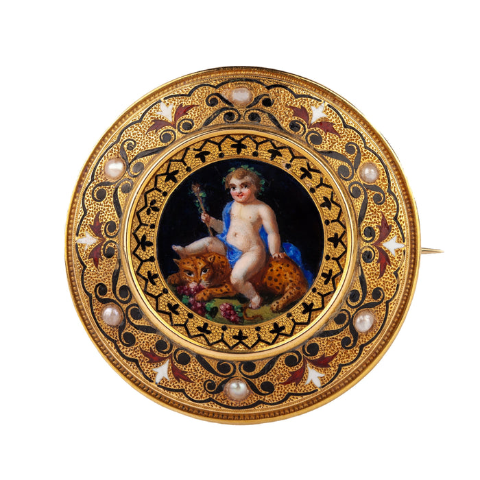 Antique French 18ct gold brooch with champlevé enamel cherub and leopard scene, set with natural pearls.