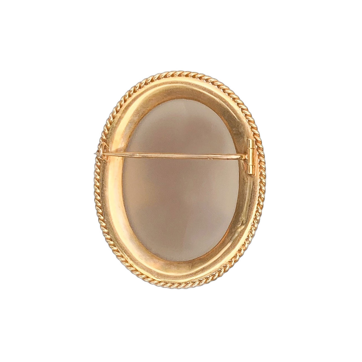 Reverse of a French cameo brooch c.1860s, showing the 18ct gold frame, pin fitting, and mount for the carved hardstone cameo.