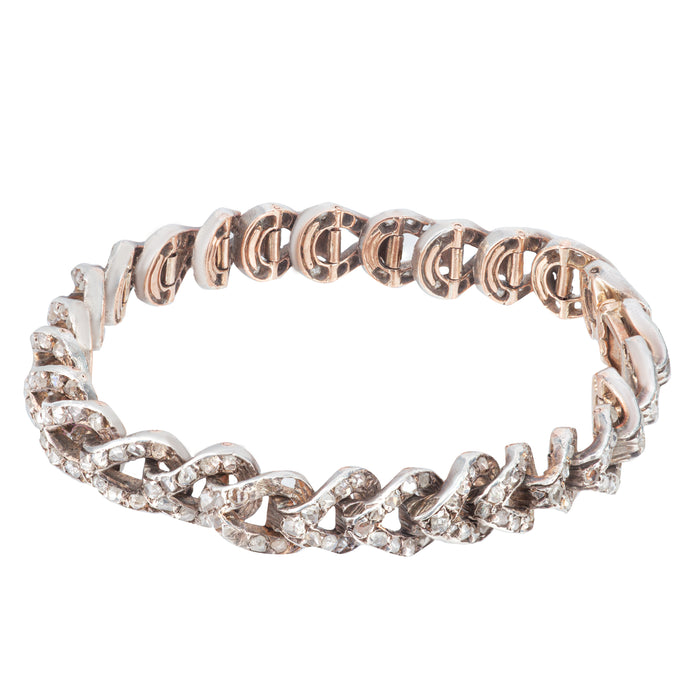 Antique French 18ct rose gold curb bracelet with rose cut diamonds, c.1880s, shown in full view with concealed clasp.