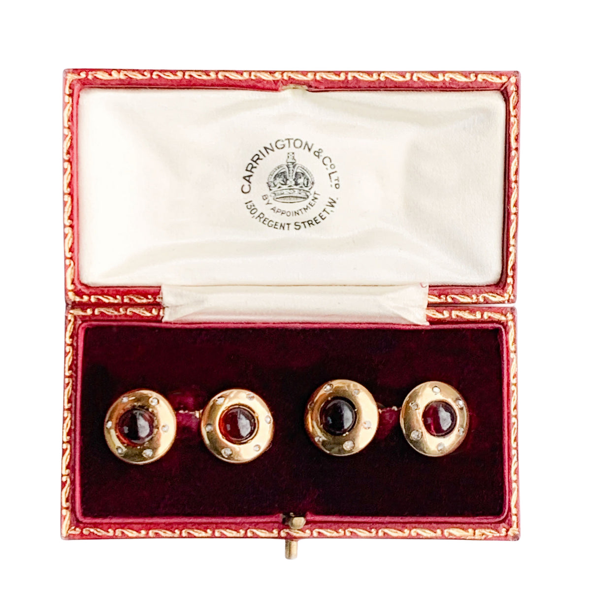 French antique garnet and diamond cufflinks in original display box, 18ct gold, early 20th century