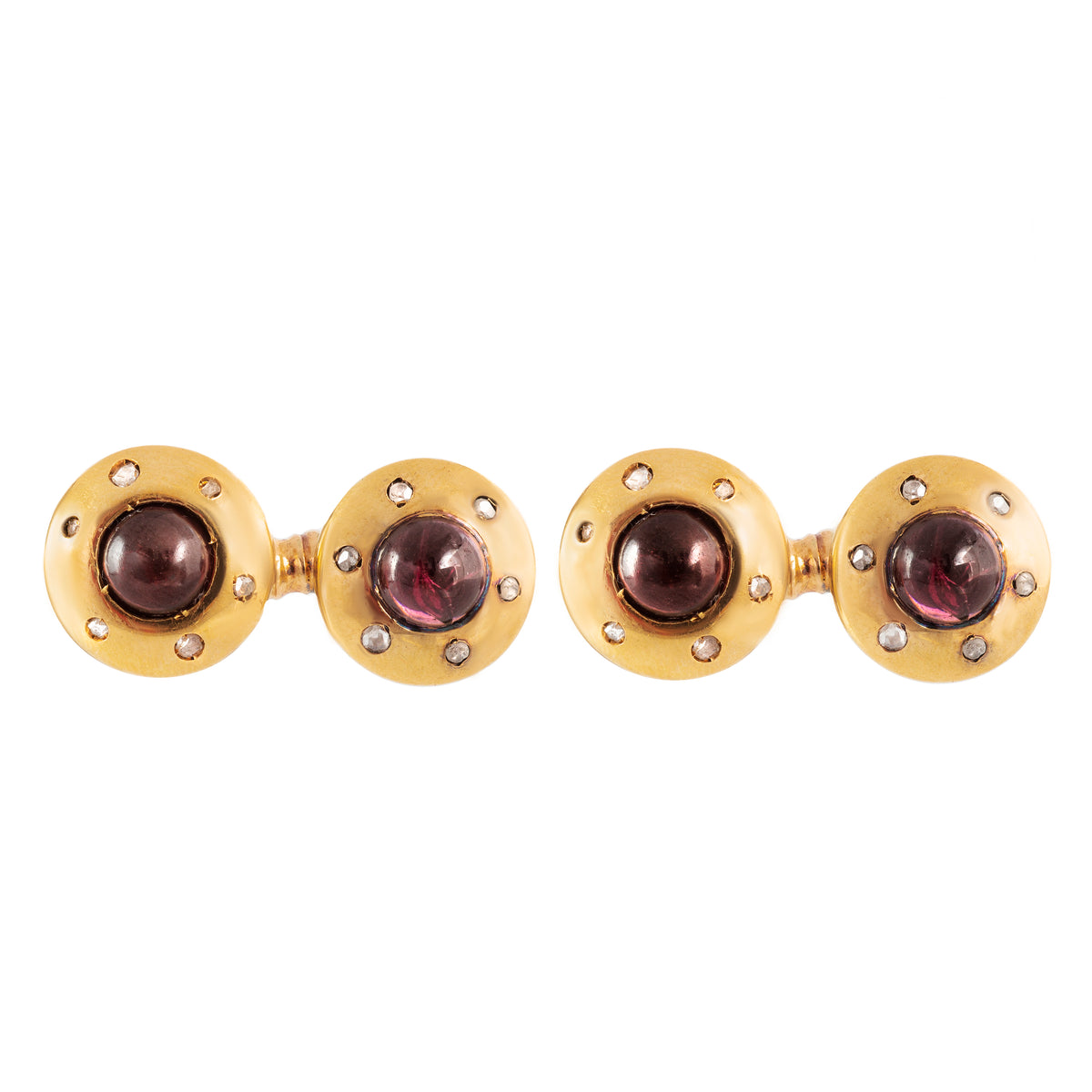 French 18ct gold cufflinks with cabochon garnets and rose-cut diamonds, early 1900s, front view.