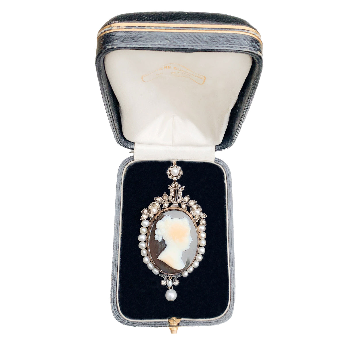 Antique French 18ct gold cameo brooch/pendant c.1860 with pearls and diamonds, displayed in its original fitted box.