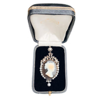 Antique French 18ct gold cameo brooch/pendant c.1860 with pearls and diamonds, displayed in its original fitted box.
