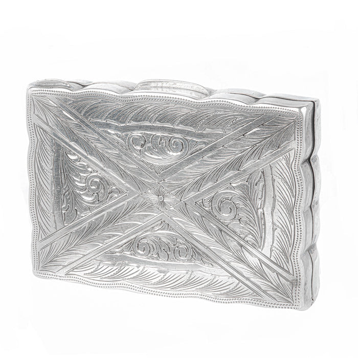 Back of the French silver pill box showing engraved detailing, c.1880