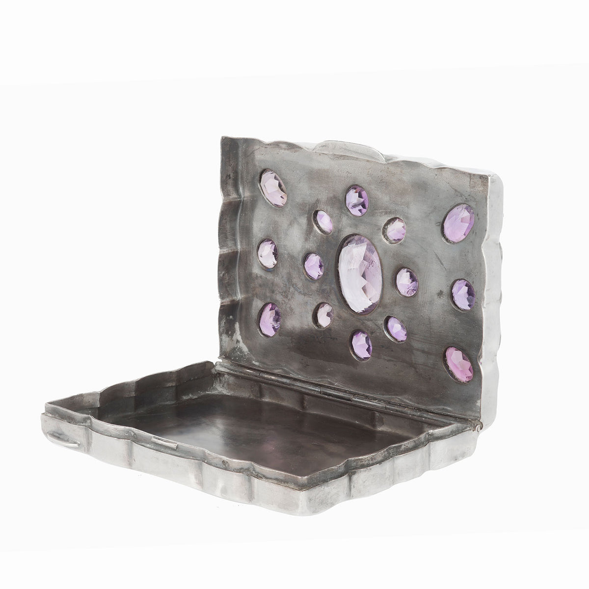 Interior of the antique French silver pill box with amethysts, c.1880