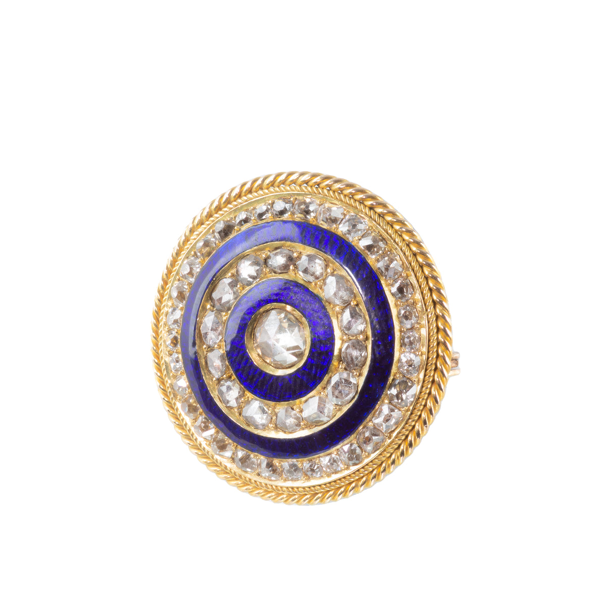 Georgian 18ct gold brooch pendant with concentric old cut diamonds and cobalt blue enamel, c.1825.