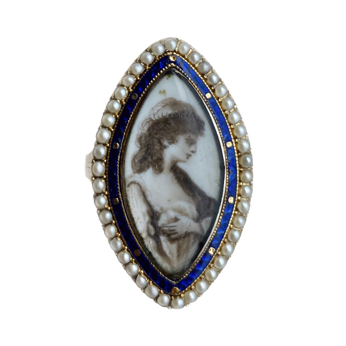 Late Georgian mourning ring, navette portrait miniature with seed pearls, cobalt blue enamel, 15ct gold, c.1800.