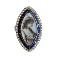 Late Georgian mourning ring, navette portrait miniature with seed pearls, cobalt blue enamel, 15ct gold, c.1800.