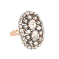 Antique Georgian old cut diamond cluster ring set in silver with a later 18ct gold band, featuring an oval double halo design with approximately 4.5 carats of sparkling old cut diamonds.
