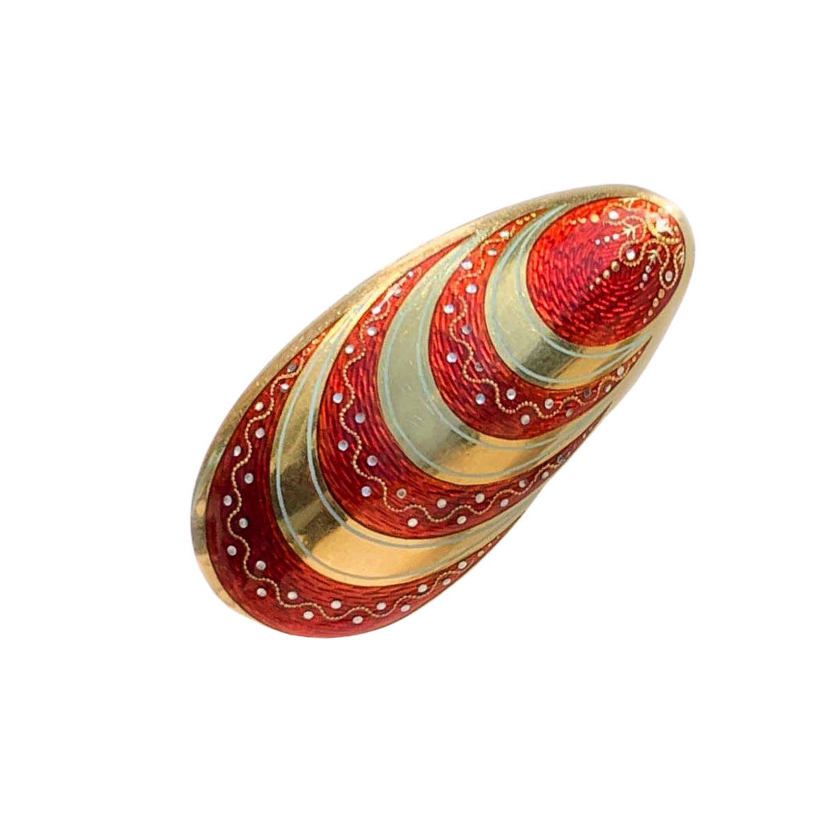 18ct gold vinaigrette with red and white enamel shell design, London hallmark 1974, closed view