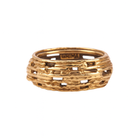 Front view of a vintage 18ct gold textured ring by Andrew Grima, showing the sculptural openwork design characteristic of the 1970s.