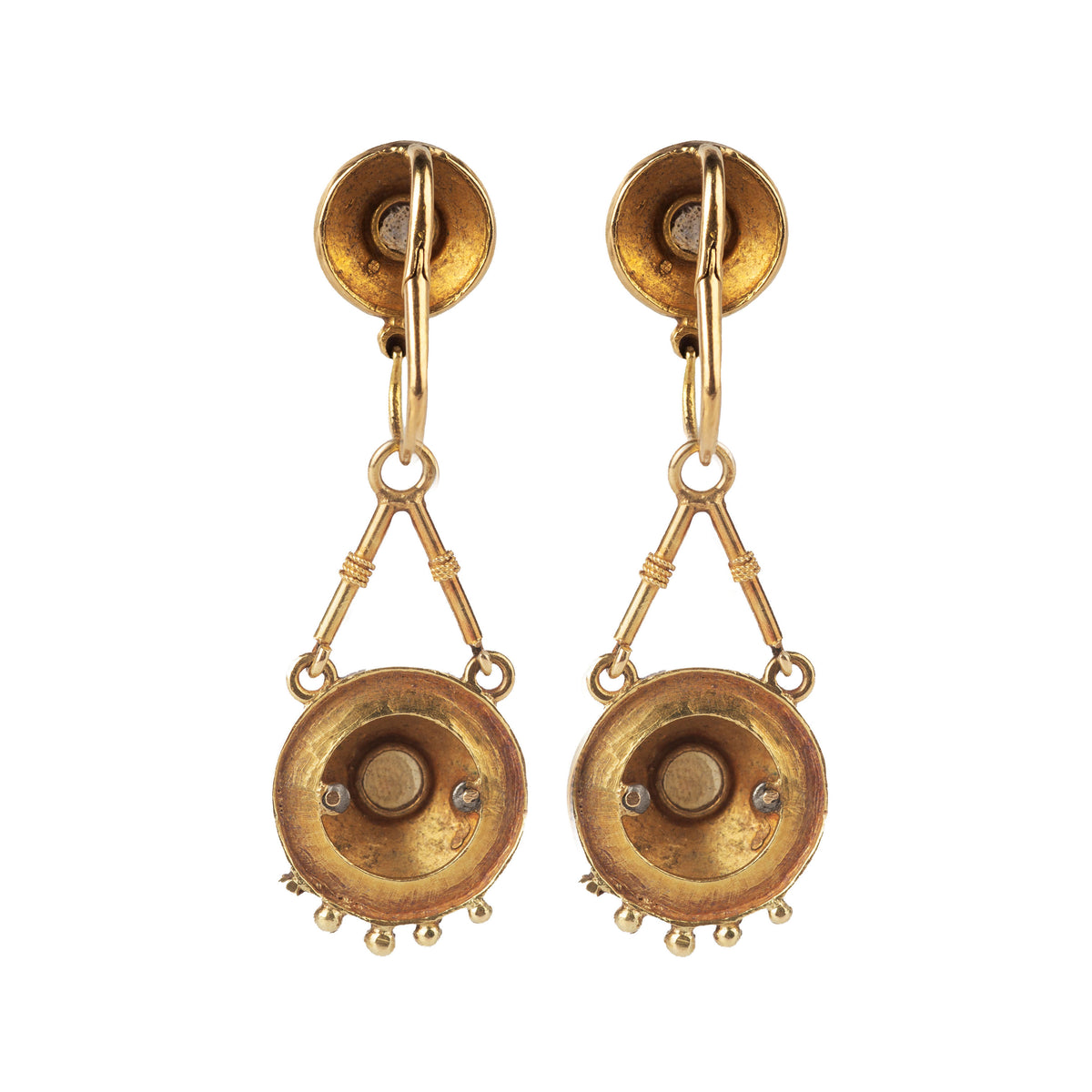 Back of Italian 1880s day to night drop earrings showing gold and enamel detail