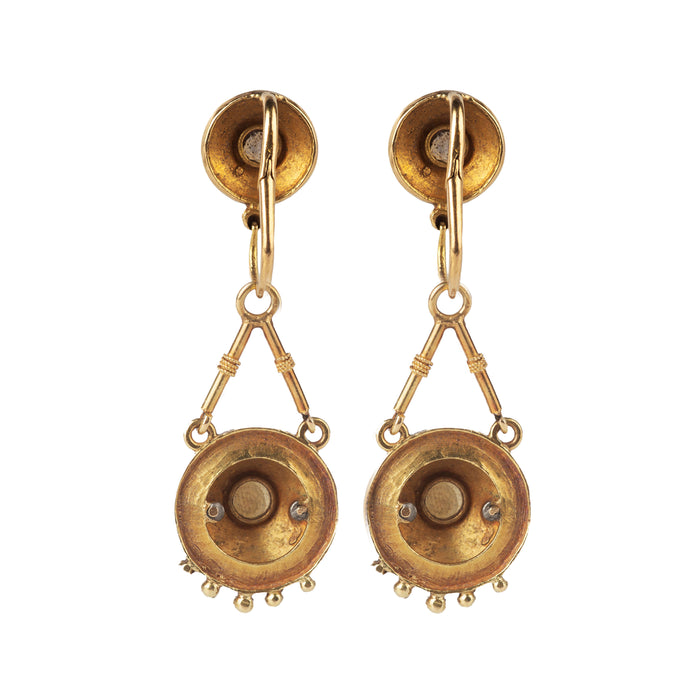 Back of Italian 1880s day to night drop earrings showing gold and enamel detail
