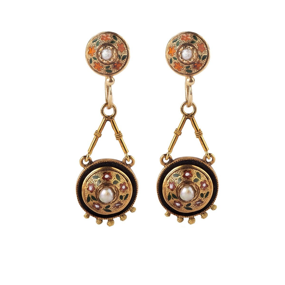 Front view of Italian 1880s enamel and pearl day to night drop earrings in 18ct gold