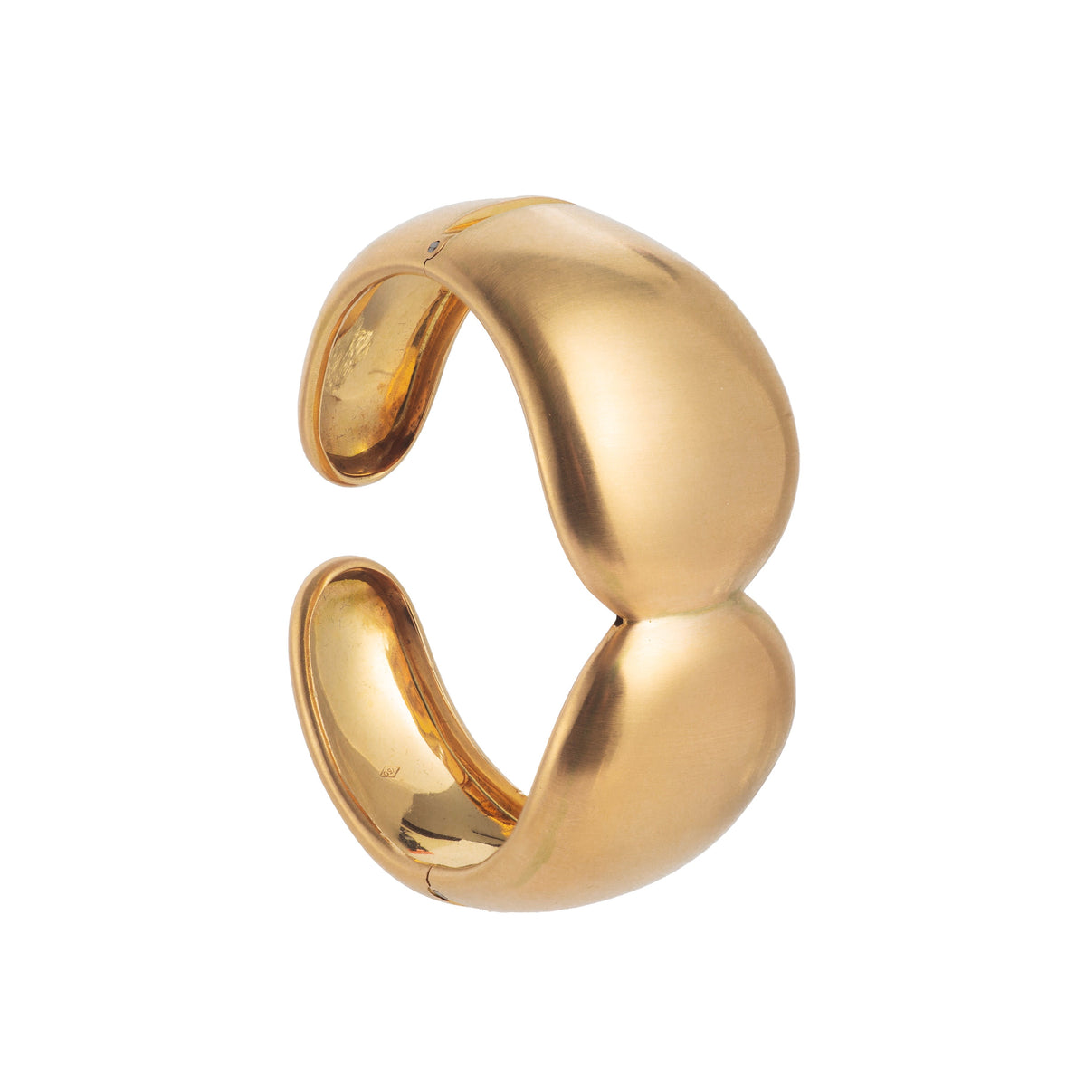 Vintage 1960s Italian 18ct gold cuff bracelet, satin finish, softly domed with integrated hinge, open view