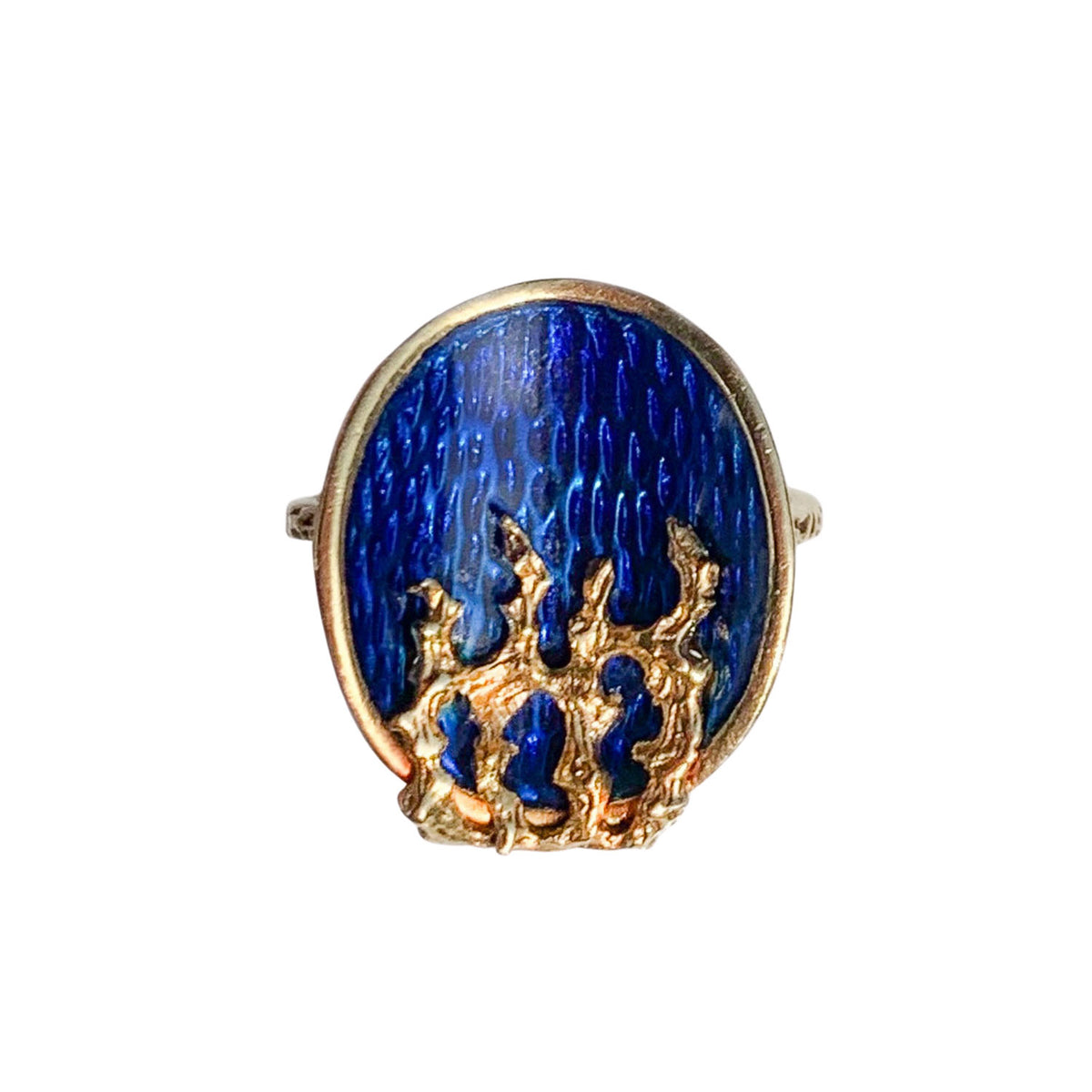 Italian 1970s ring in 18ct gold with textured blue enamel oval bezel, front view showing bold sculptural design.