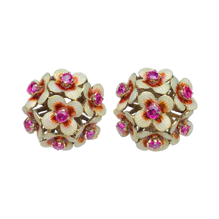 Front view of Italian 14ct gold enamel floral earrings with Burma rubies, c.1950s