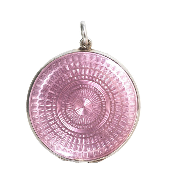 Front view of an Edwardian lavender guilloché enamel locket in sterling silver with silver gilt interior, c.1900s, showing the intricate radiating enamel pattern.