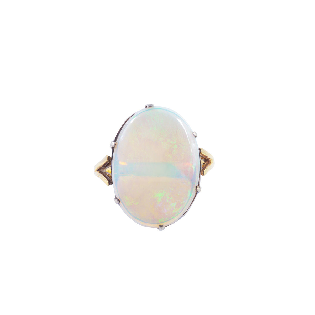 Antique 1930s opal ring in 18ct gold, front view showing cabochon opal glow