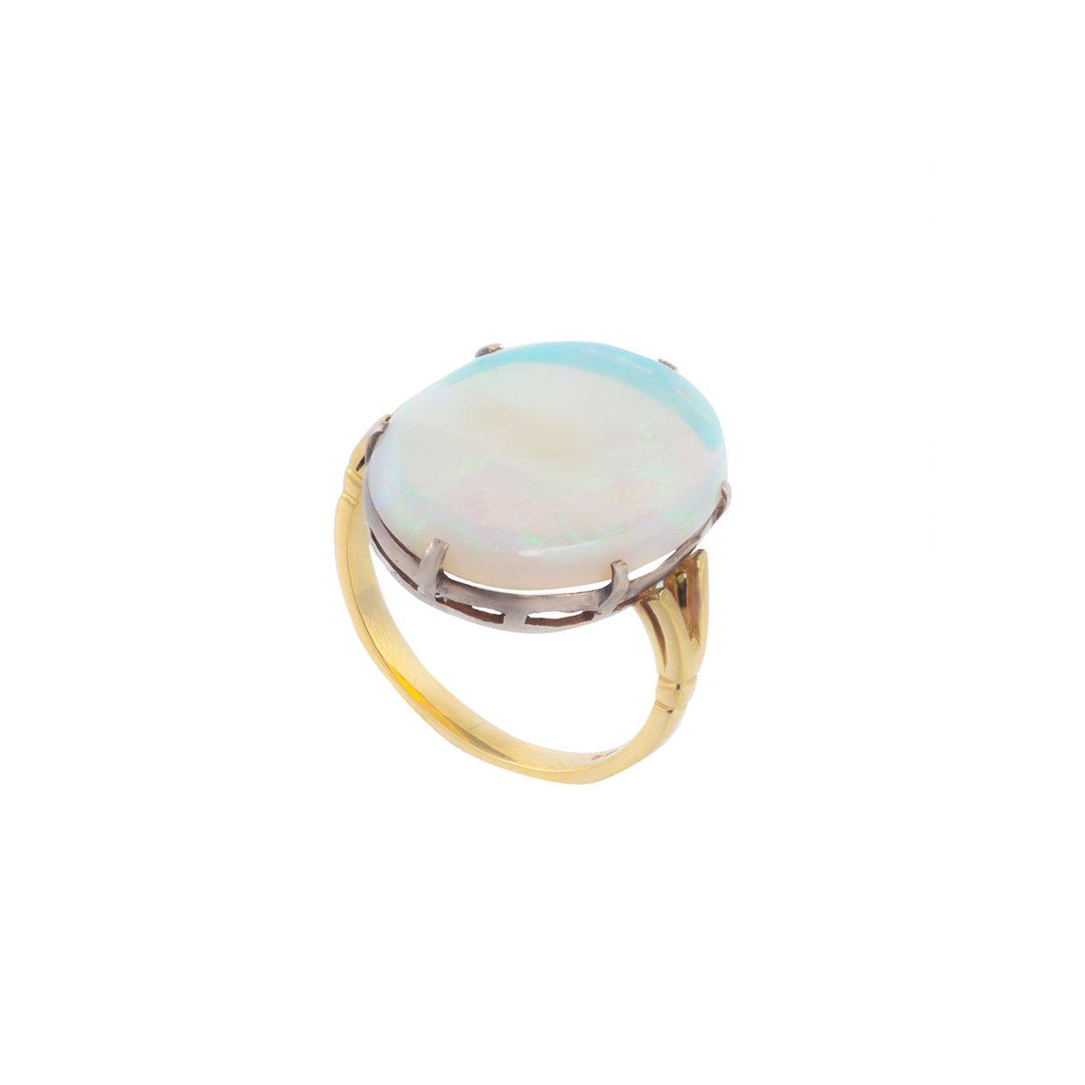Gallery view of antique 1930s opal ring in 18ct yellow gold showing open setting