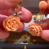 Romantic Edwardian-era earrings with coral roses and diamonds, 18ct yellow gold setting