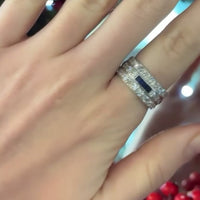 Clip of Art Deco sapphire and diamond ring with old cut diamonds and square sapphires being modelled