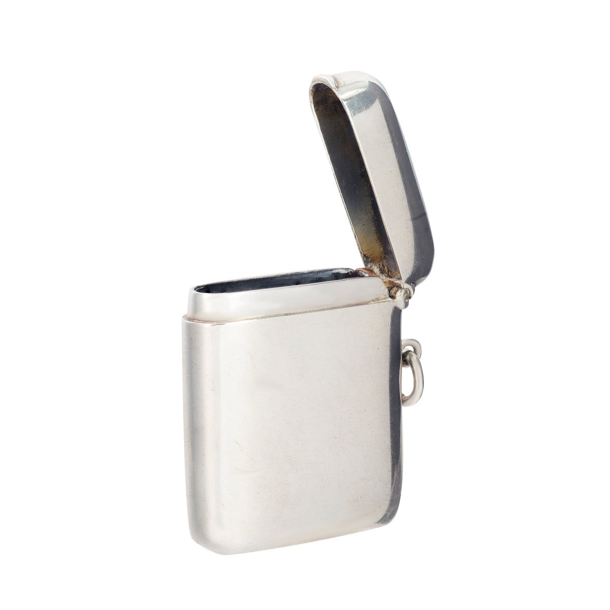 Antique silver vesta case reverse view with hallmark for A.J.T, Birmingham 1904.