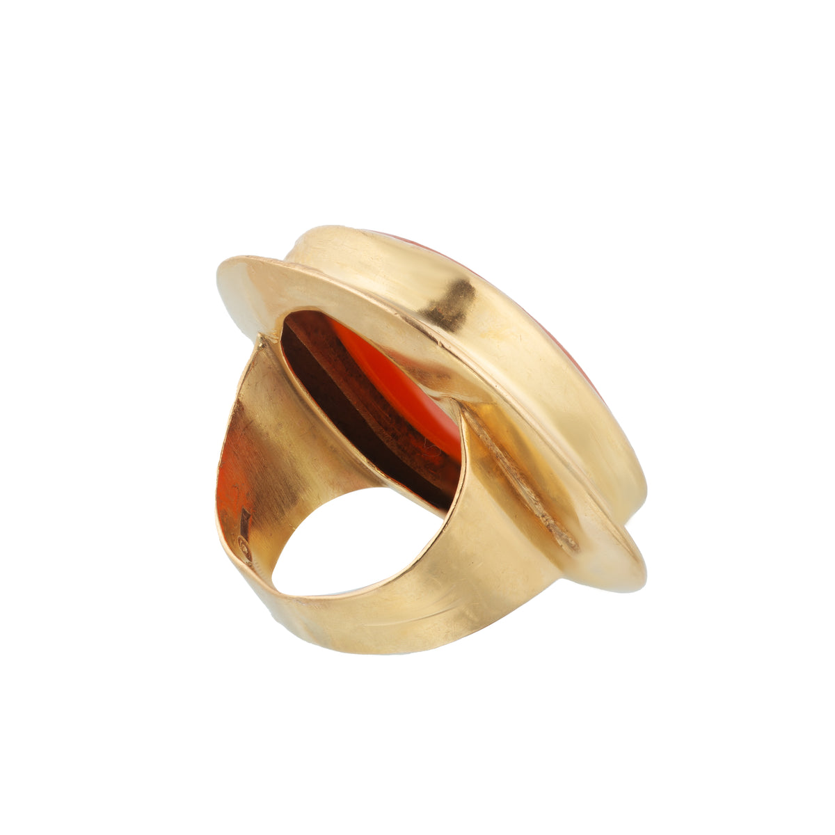 Back view of a Swedish 1950s 18ct gold carnelian ring showing the sculptural gold setting and hallmarked band.