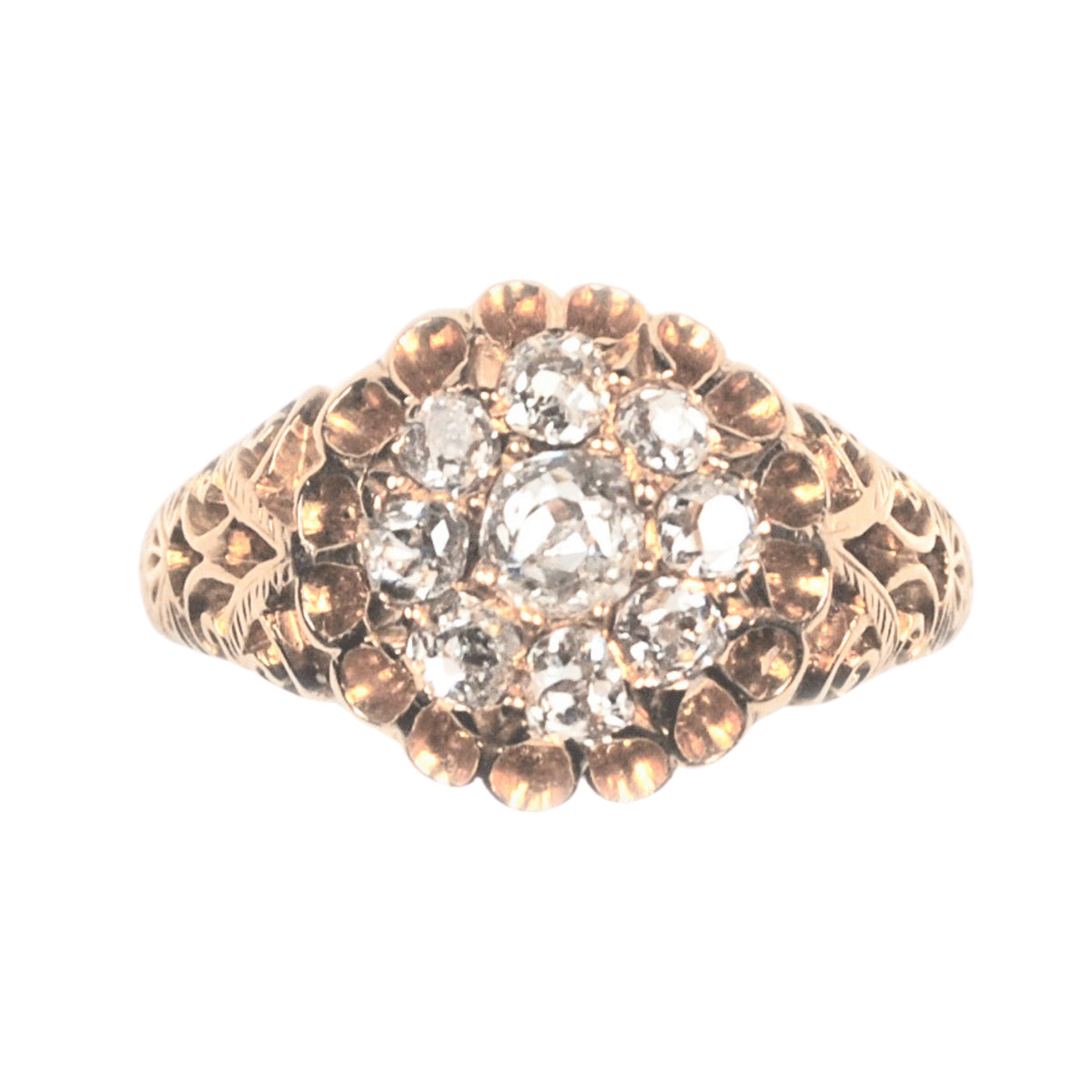 Antique cushion cut diamond cluster ring in 15ct gold with floral scrollwork detail, Victorian c.1880s