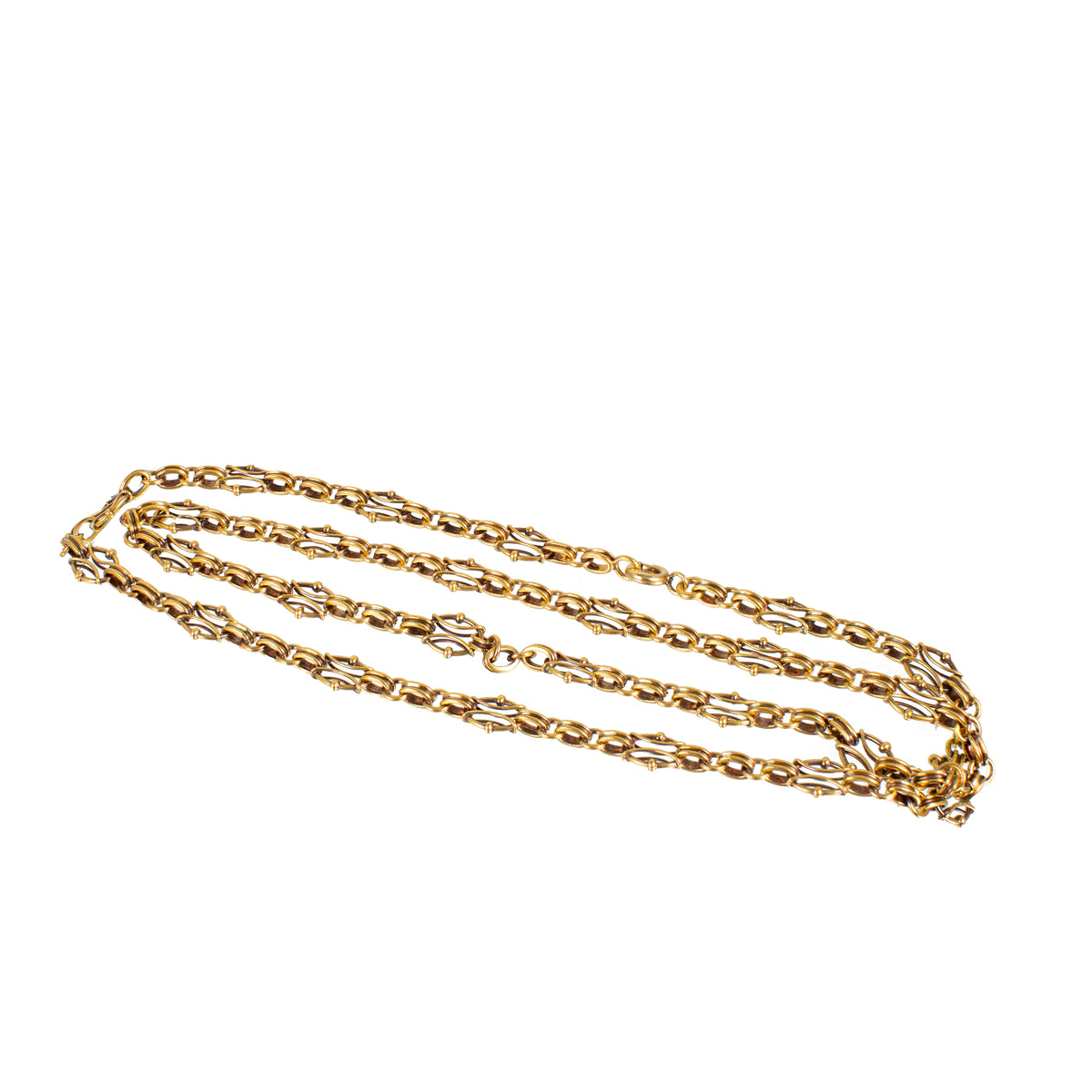 Folded view of antique Victorian 18ct gold chain with openwork link design from the Aesthetic Movement period, circa 1880s