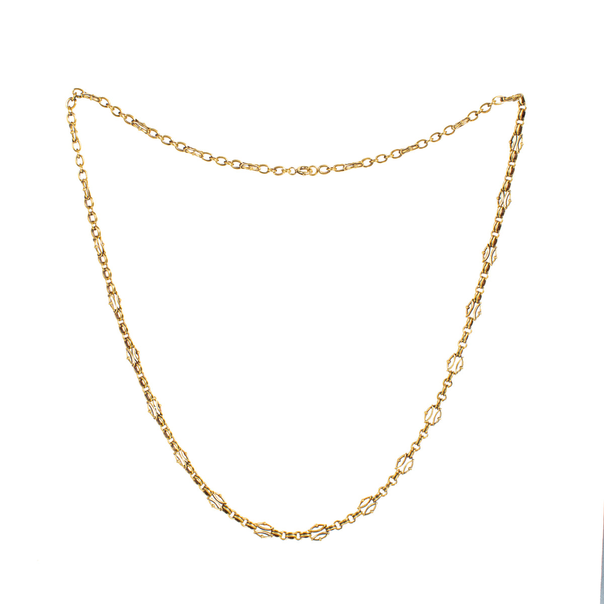 Full view of late Victorian 18ct gold chain necklace, 57cm, with alternating openwork links, English c.1880s, 21.6g