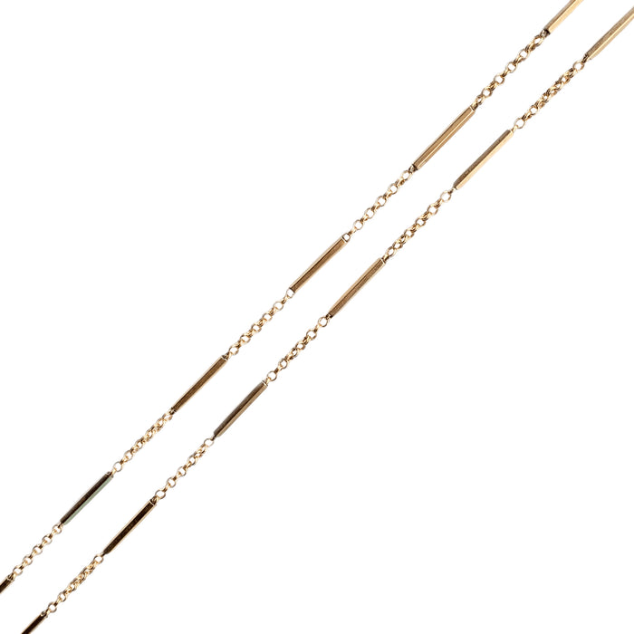 Victorian 9ct gold guard chain with bar link design, c.1880, 128cm in length