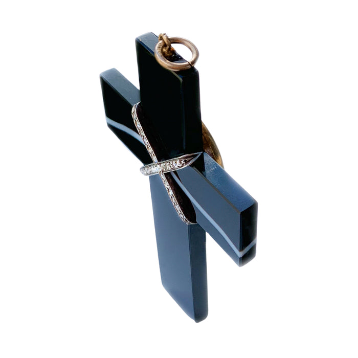 Victorian banded agate and diamond cross pendant, showing locket compartment at reverse, 18ct gold fittings, c.1880