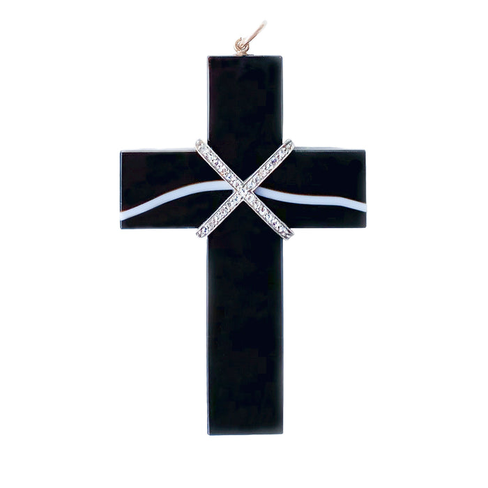 Antique Victorian agate and diamond locket cross pendant, banded agate with old-cut diamonds in silver over gold, 18ct gold mount, c.1880.