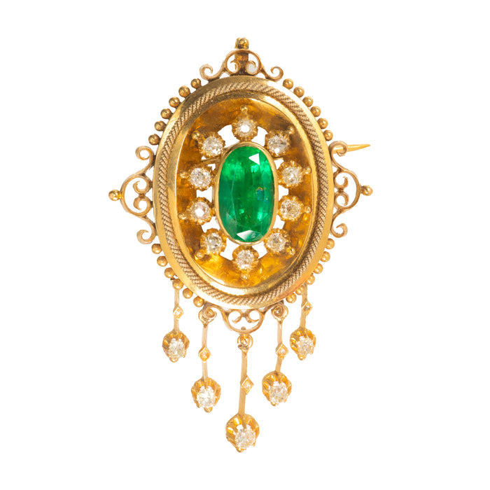 Victorian Etruscan Revival pendant brooch in 18ct yellow gold with a 2.5ct oval emerald and old cut diamonds, c.1850s